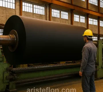 پوشش تفلون یک غلتک صنعتی بزرگ و سنگین در کارخانه آریس تفلون